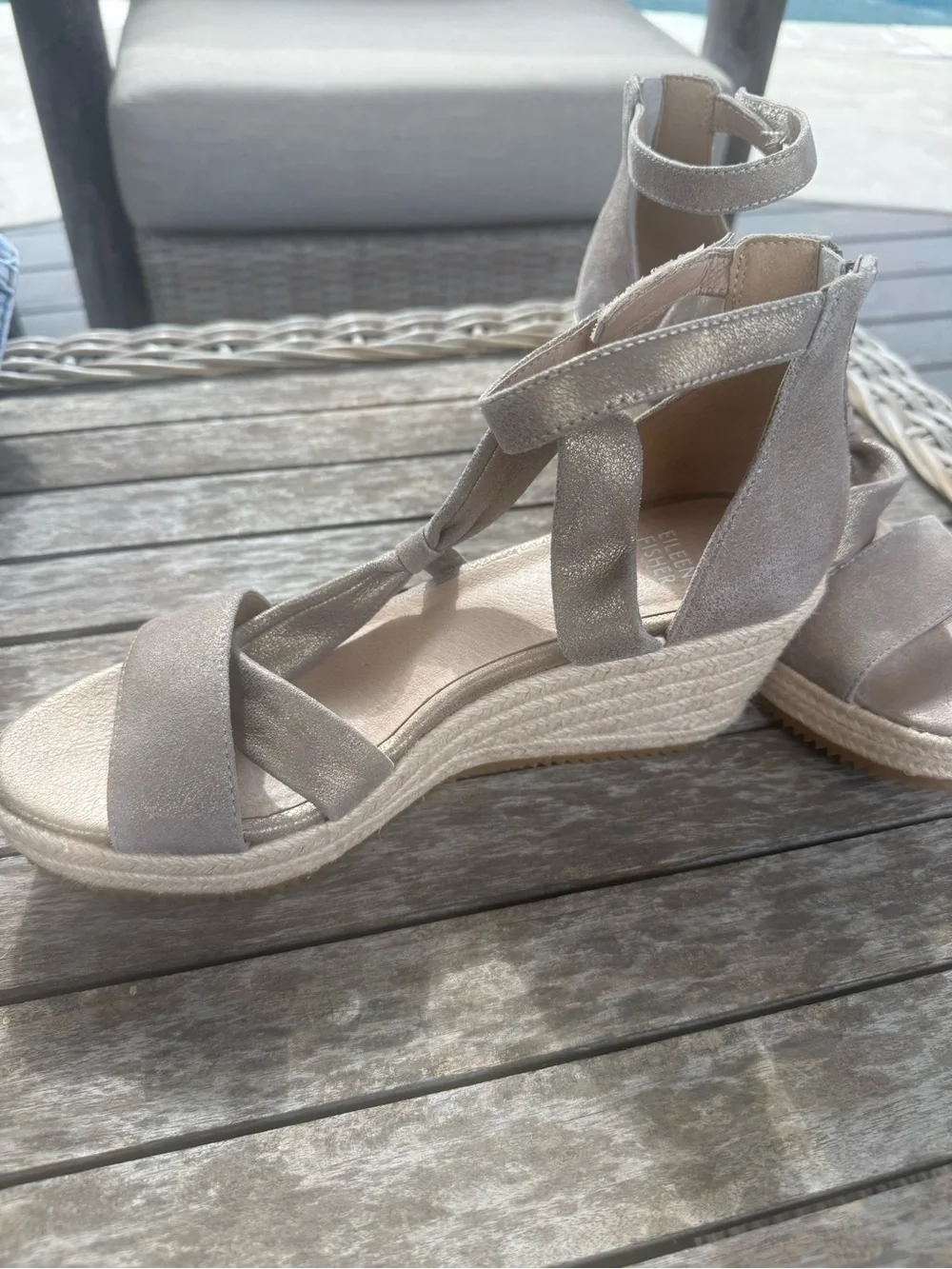 Eileen Fisher Wisp Metallic Taupe Espadrille Wedge Sandal with Ankle Strap